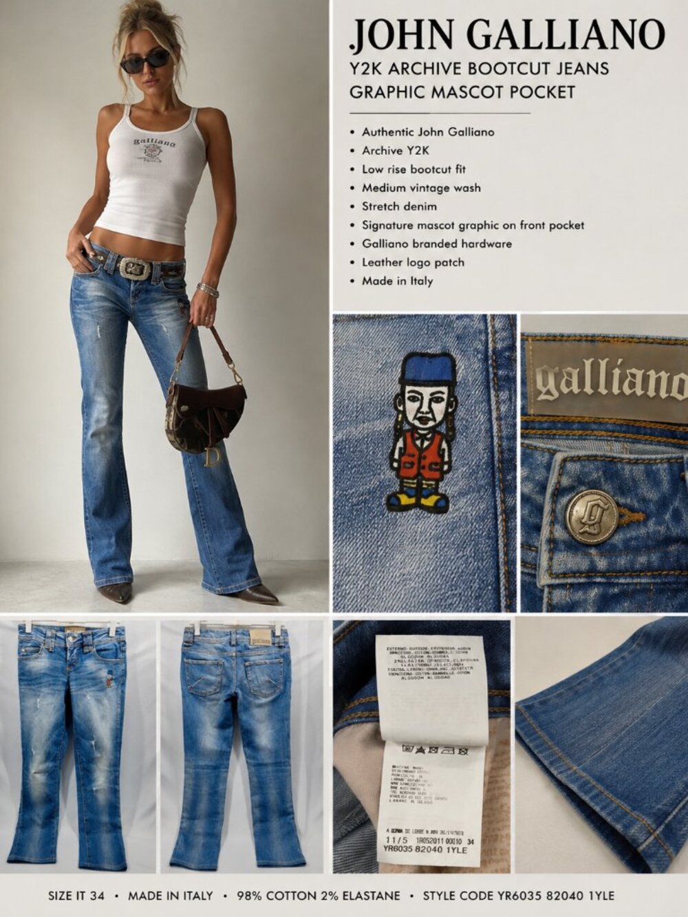 John Galliano Archive Y2K Low Rise Bootcut Jeans Graphic Mascot Pocket IT 34